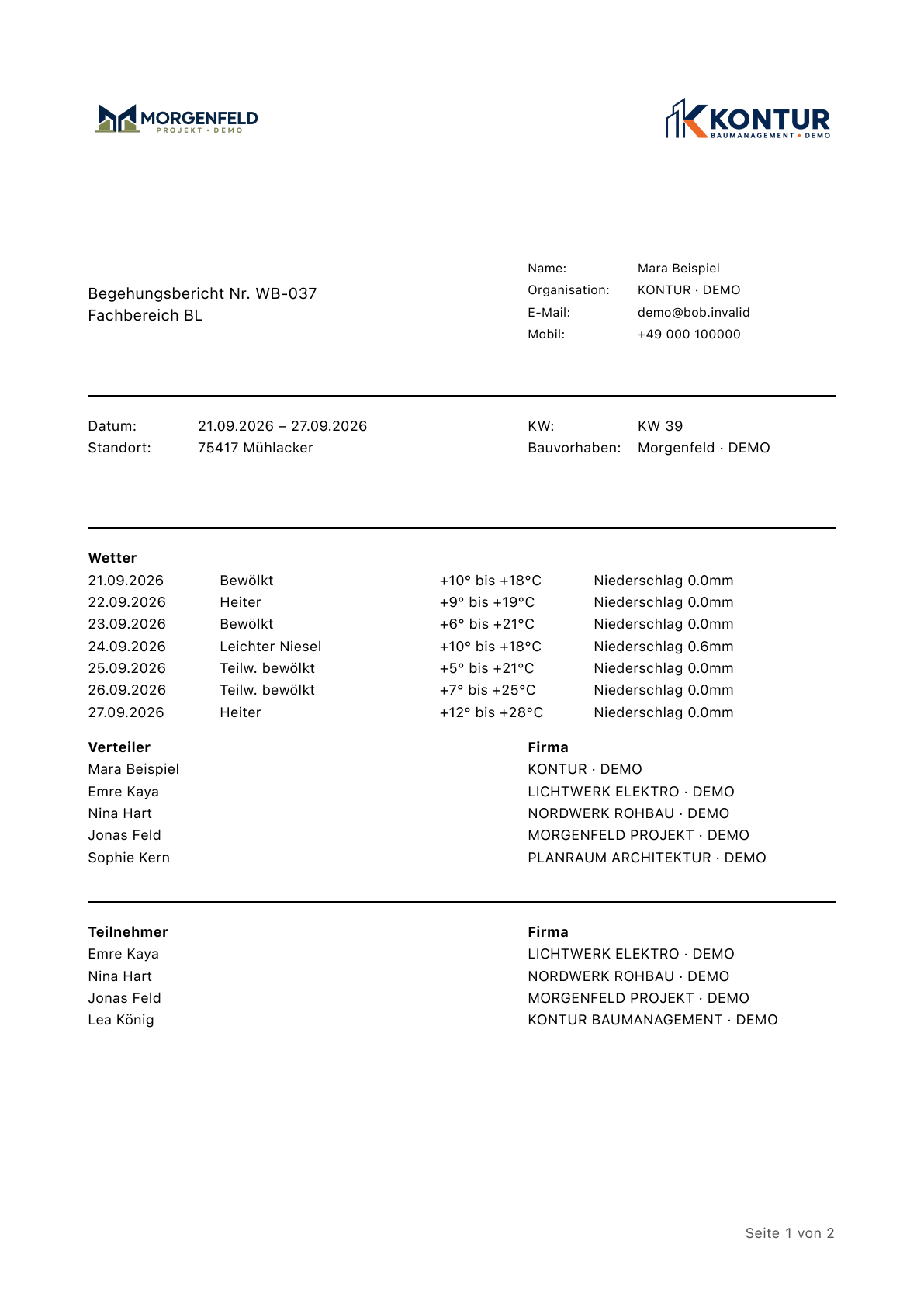 Originalcover des fiktiven Wochenberichts Morgenfeld in Mühlacker mit zwei Firmenlogos und Wetterübersicht
