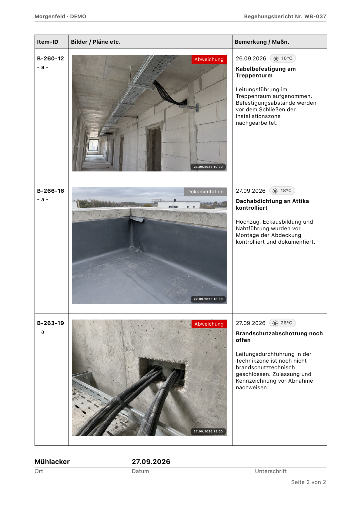 Originale Berichtsseite mit Item, Baustellenfoto, Beschreibung, Datum und Wetter in Mühlacker